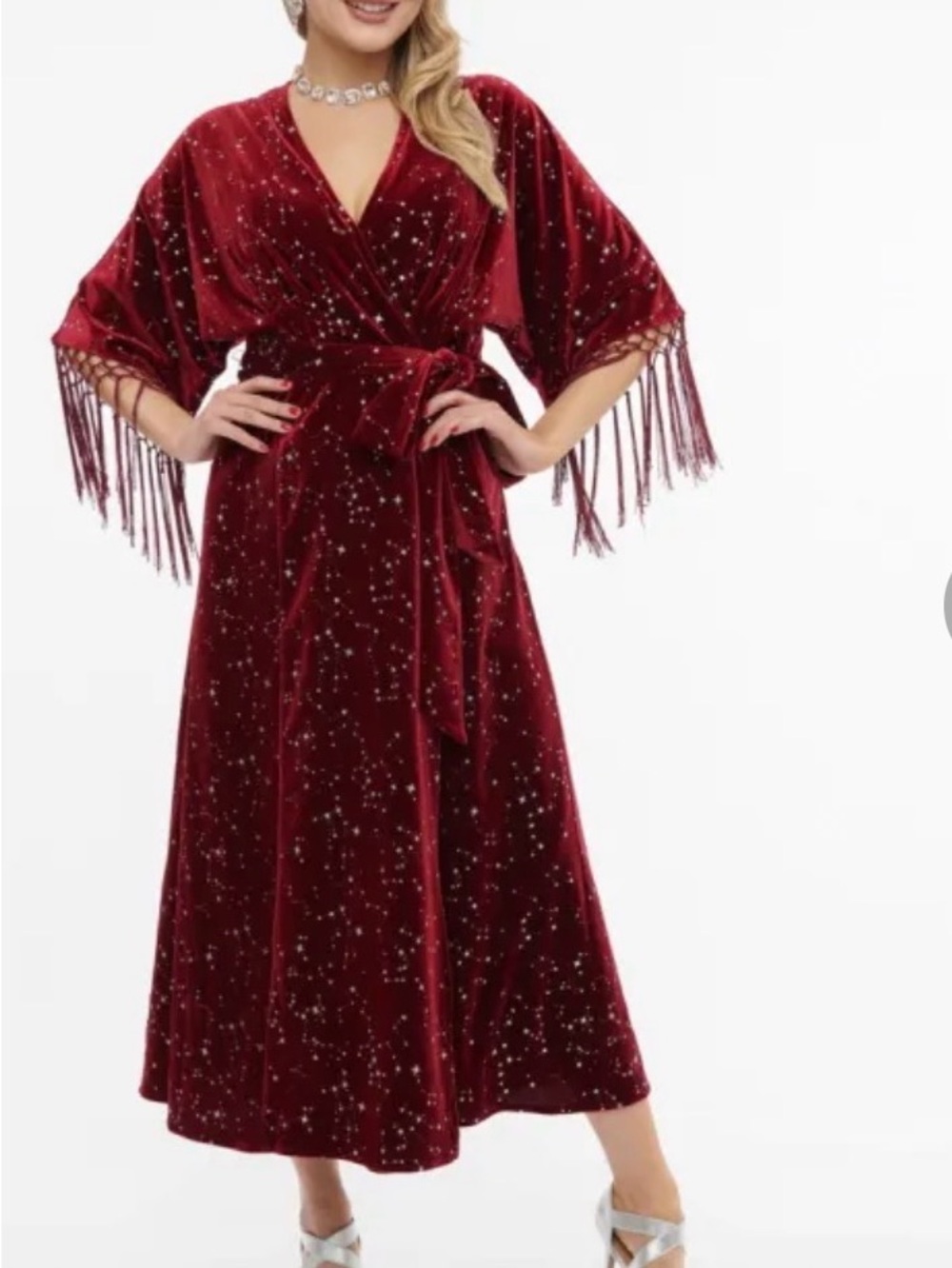 Unique Vintage Burgundy Velvet Fringe Midi Dress XL 14